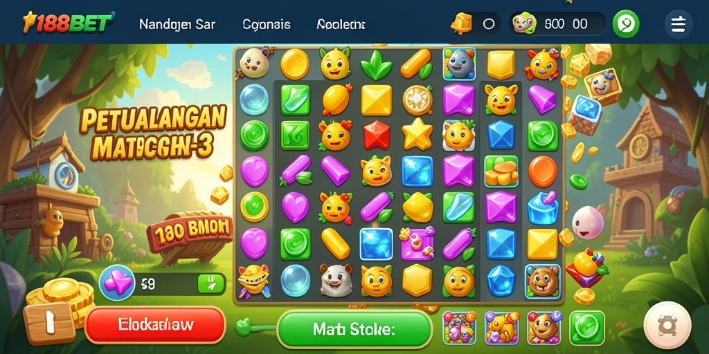 Tampilan gameplay Match-3 dalam 188BET yang menarik dan penuh warna.