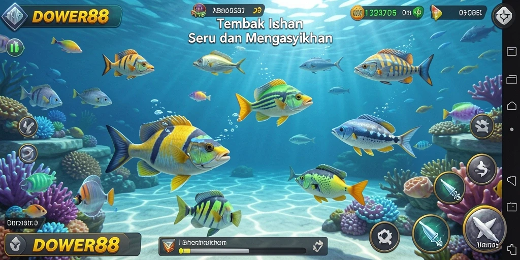 Gameplay seru DOWER88 menembak ikan di layar penuh.