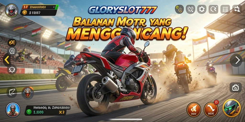 Screenshot gameplay GLORYSLOT777 menunjukkan balapan motor yang mendebarkan.