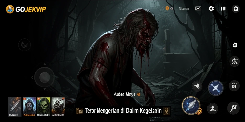 Screenshot gameplay utama GOJEKVIP yang menampilkan suasana horor yang mencekam.