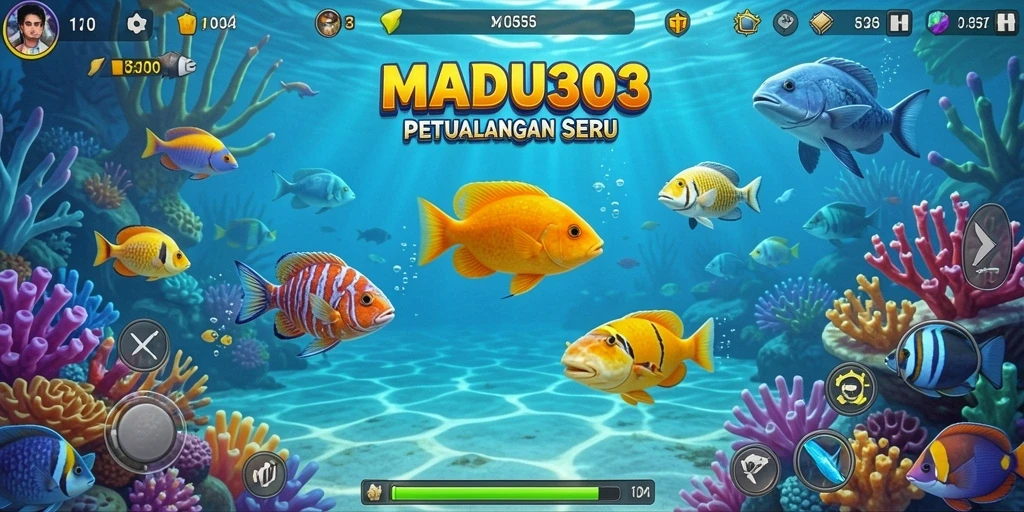 Gameplay seru dalam MADU303 dengan beragam ikan yang menarik.