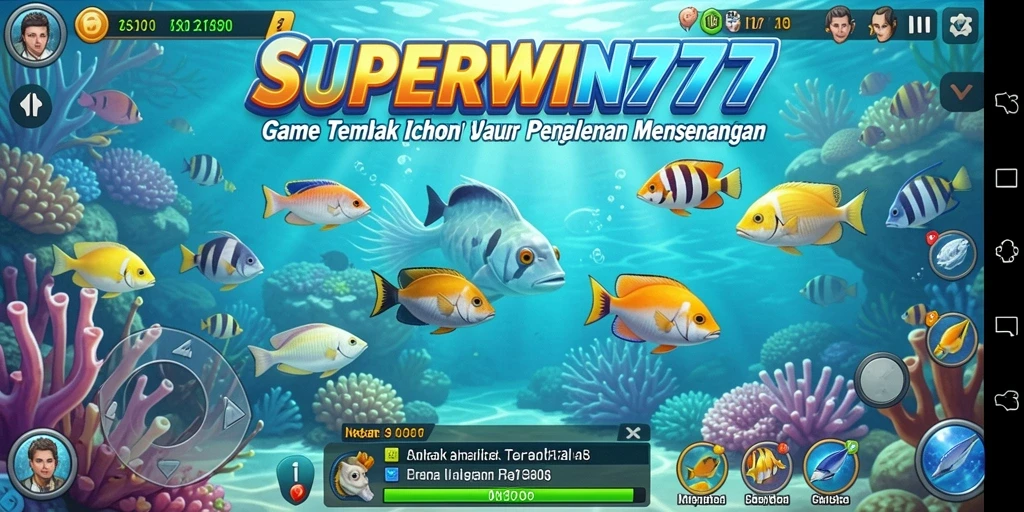 Tampilan gameplay seru dalam SUPERWIN777, menembak ikan di bawah laut.